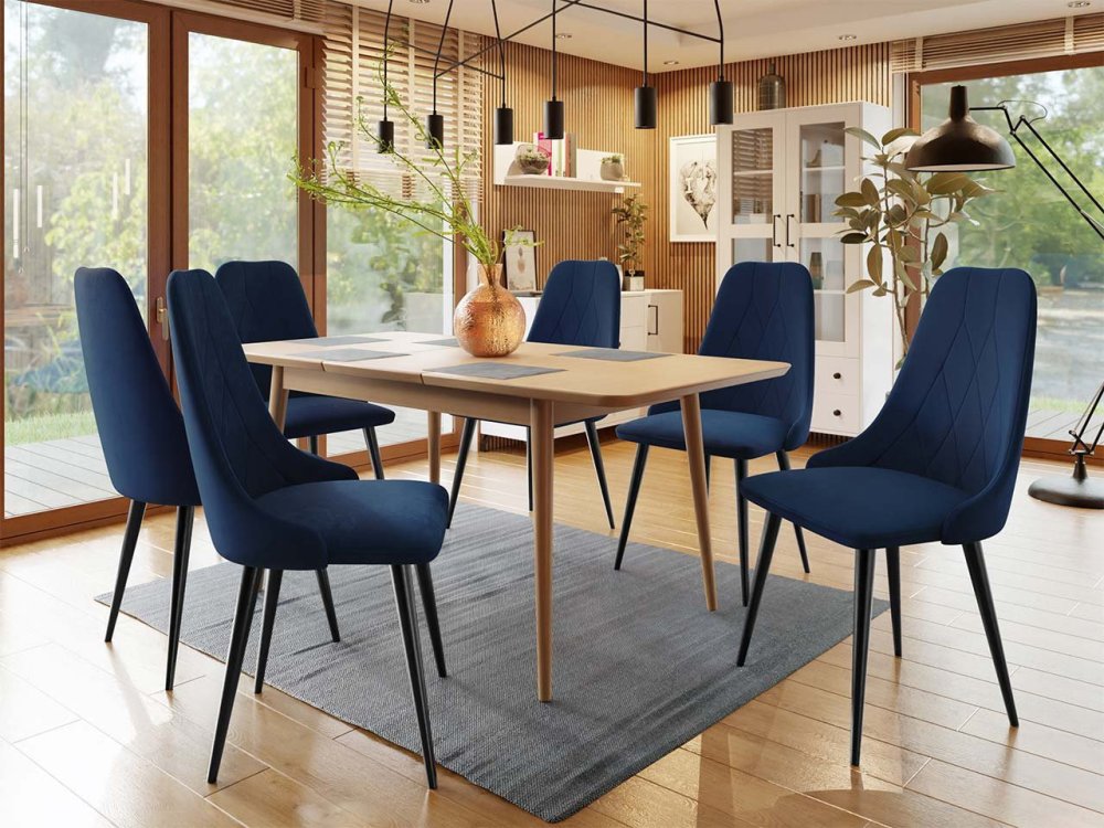 Veneti Rozkladací jedálenský stôl so stoličkami OLMIO 2 - prírodné drevo / čierny / modrý